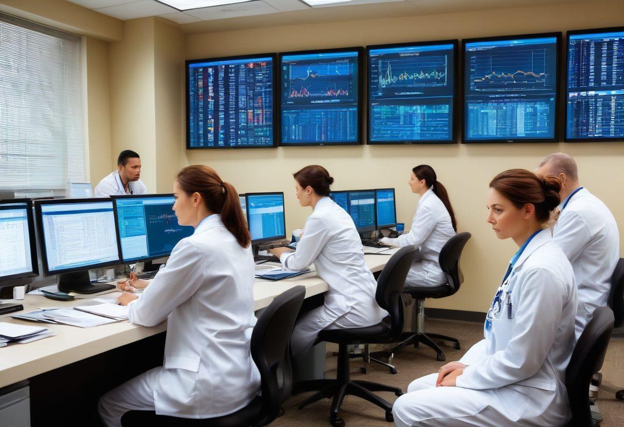 A dynamic scene depicting a modern medical billing office with professionals analyzing data on screens and reviewing documents. Include elements like charts showing revenue growth, stacks of medical invoices, and a wall with a success board highlighting 'Top Strategies'. The atmosphere should convey focus and collaboration, with a background of medical symbols like stethoscopes and lab coats. super-realistic. vibrant colors. professional setting.