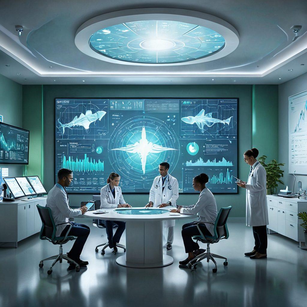 A digital landscape illustrating healthcare payment processing, showcasing a diverse group of professionals collaborating around a futuristic table filled with holographic charts and graphs. The backdrop features hospital elements like medical records and billing systems, emphasizing the complexity and nuances of the process. Incorporate a soothing blue and green color palette to symbolize trust and health. super-realistic. vibrant colors. 3D.