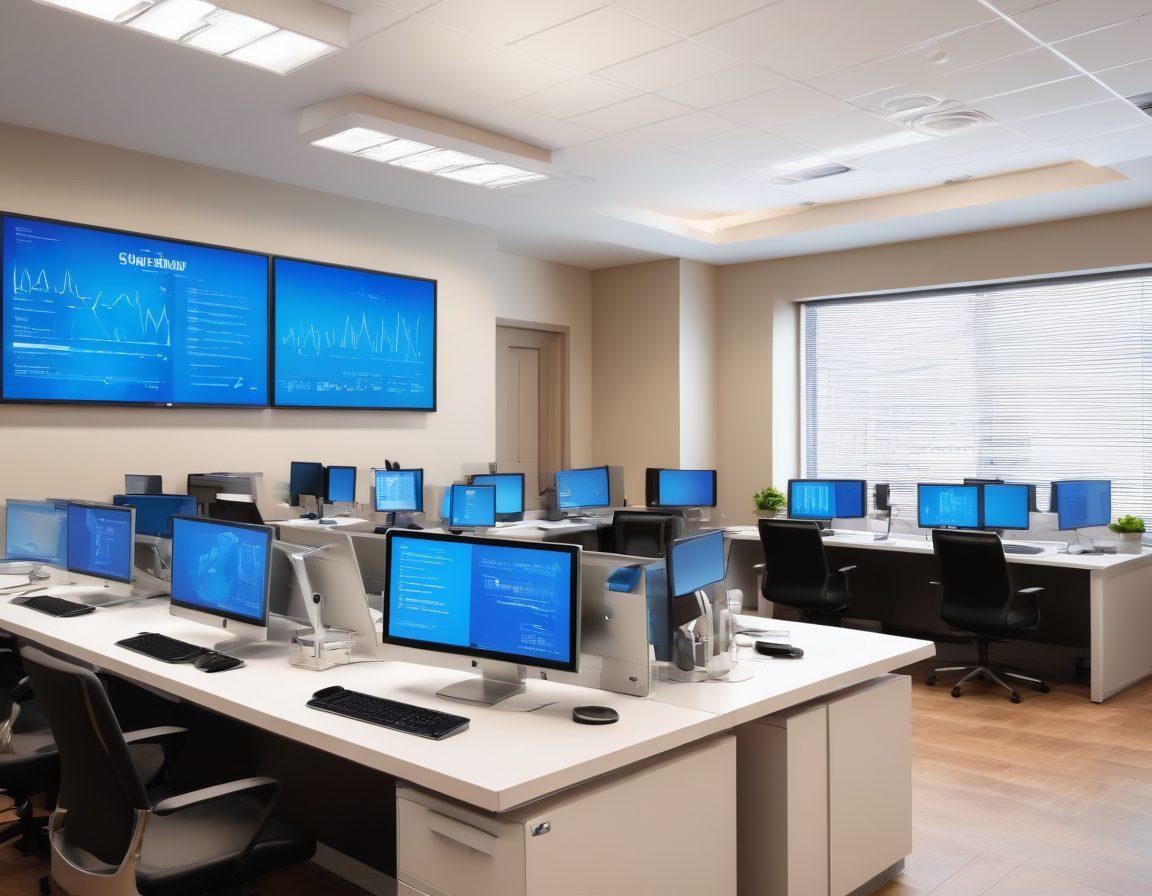 An intricate representation of a medical billing office, featuring a diverse team of focused professionals analyzing claims and paperwork, surrounded by digital screens highlighting key metrics and statistics. Include elements like stethoscopes, medical invoices, and calculators to convey efficiency in claims management. The atmosphere should be vibrant and dynamic, showcasing teamwork and technology in action. vivid colors. 3D. modern style.